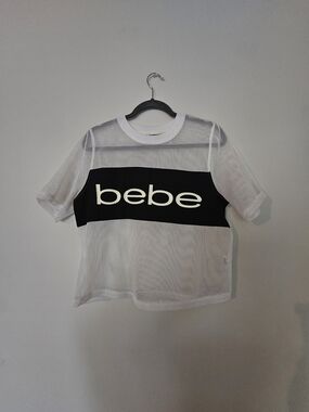 bebe White Mesh Tee with Black Logo Band